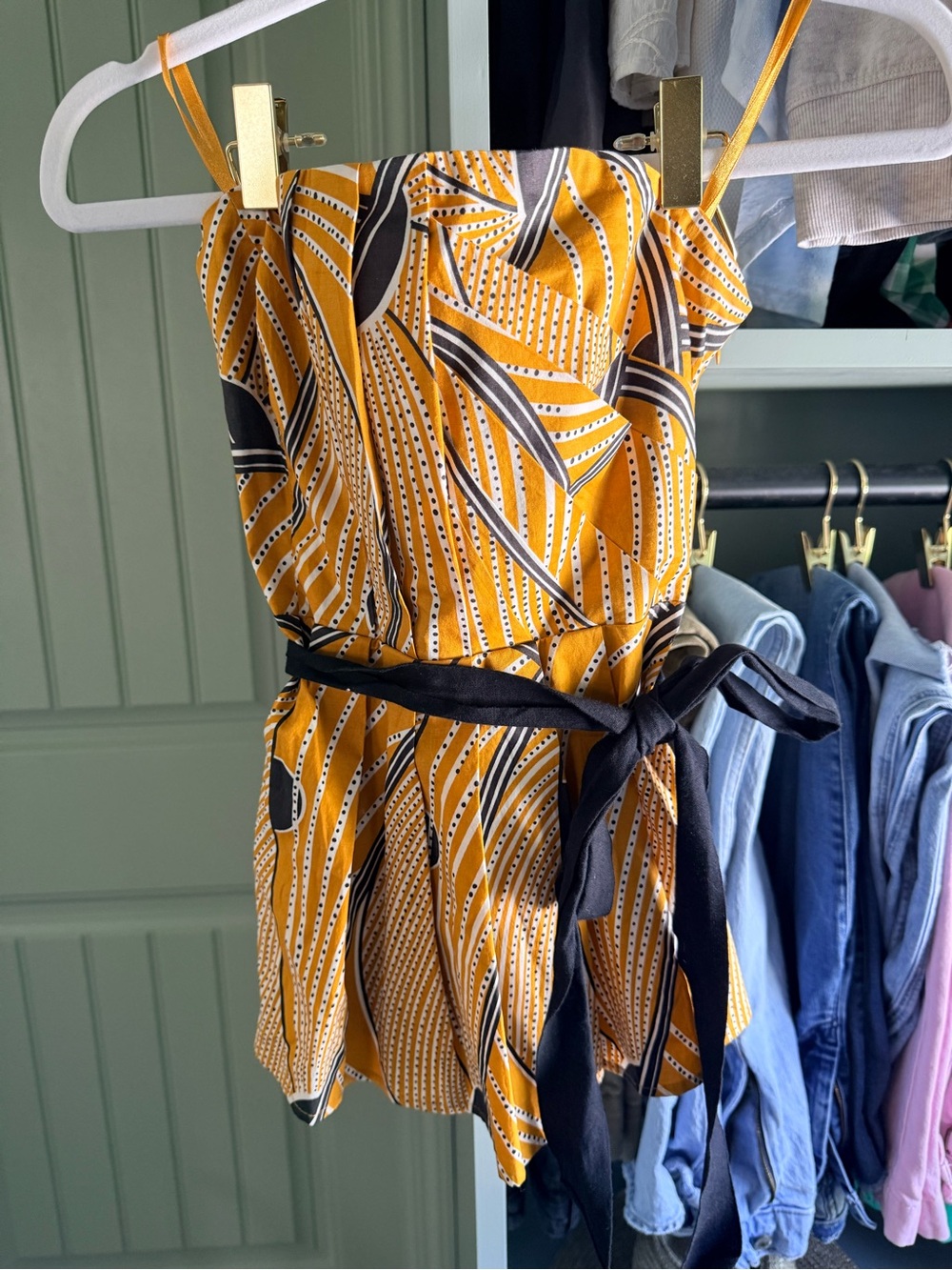 Anthropologie Floreat Mustard Yellow Patterned Strapless Top with Black Belt